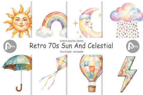 Digital Paper Watercolor Retro 70s Sun And Celestial Digital Pattern artnoy 