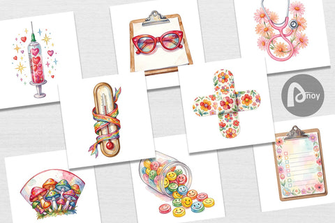 Digital Paper Watercolor Retro Groovy Nurse Tools Digital Pattern artnoy 