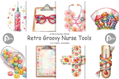 Digital Paper Watercolor Retro Groovy Nurse Tools Digital Pattern artnoy 