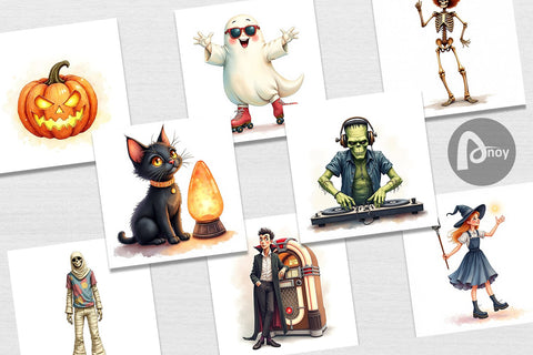 Digital Paper Watercolor Retro Halloween Disco Digital Pattern artnoy 