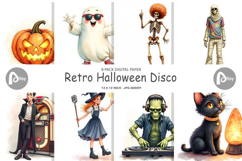 Digital Paper Watercolor Retro Halloween Disco Digital Pattern artnoy 