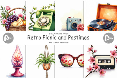 Digital Paper Watercolor Retro Picnic & Pastimes 70s Lifestyle Digital Pattern artnoy 