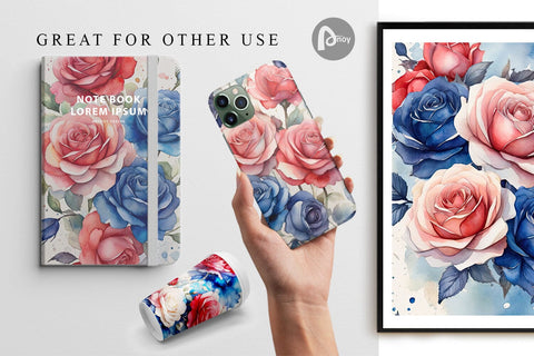 Digital Paper Watercolor Roses Patriotic Digital Pattern artnoy 
