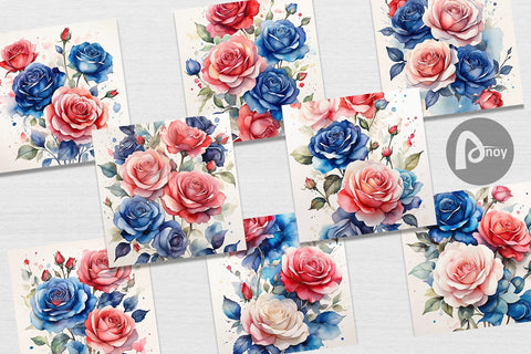 Digital Paper Watercolor Roses Patriotic Digital Pattern artnoy 