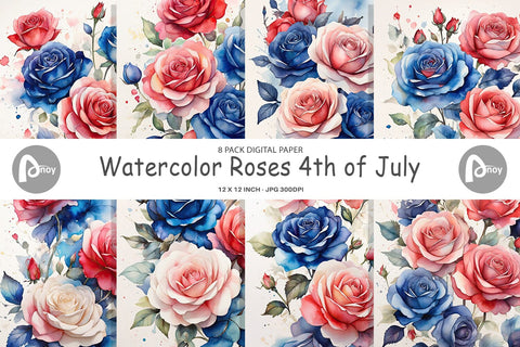 Digital Paper Watercolor Roses Patriotic Digital Pattern artnoy 