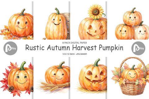 Digital Paper Watercolor Rustic Autumn Harvest Pumpkin Digital Pattern artnoy 