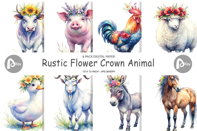Digital Paper Watercolor Rustic Flower Crown Animal Digital Pattern artnoy 