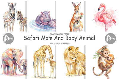 Digital Paper Watercolor Safari Mom And Baby Animal Digital Pattern artnoy 