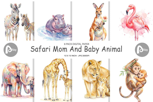 Digital Paper Watercolor Safari Mom And Baby Animal Digital Pattern artnoy 