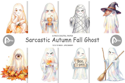 Digital Paper Watercolor Sarcastic Autumn Fall Ghost Digital Pattern artnoy 