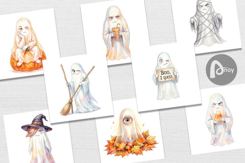Digital Paper Watercolor Sarcastic Autumn Fall Ghost Digital Pattern artnoy 