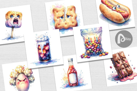Digital Paper Watercolor Sarcastic Camp Food Snacks Digital Pattern artnoy 