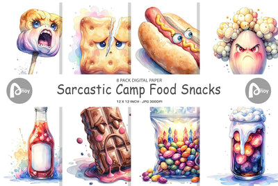 Digital Paper Watercolor Sarcastic Camp Food Snacks Digital Pattern artnoy 