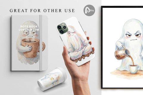 Digital Paper Watercolor Sarcastic Morning Coffee Ghost Digital Pattern artnoy 