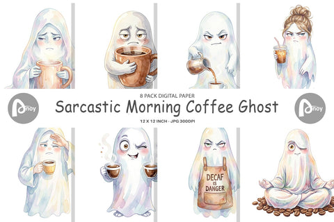 Digital Paper Watercolor Sarcastic Morning Coffee Ghost Digital Pattern artnoy 