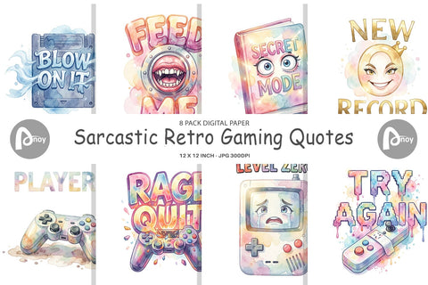 Digital Paper Watercolor Sarcastic Retro Gaming Quotes Digital Pattern artnoy 