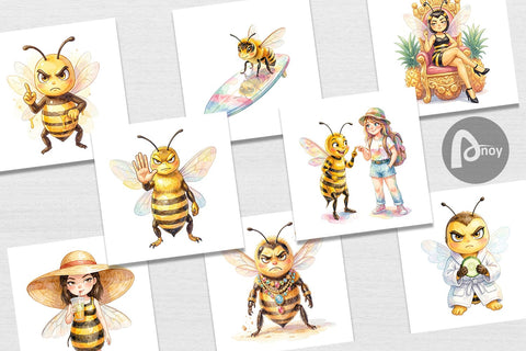 Digital Paper Watercolor Sassy Queen Bee Vacation Art Digital Pattern artnoy 