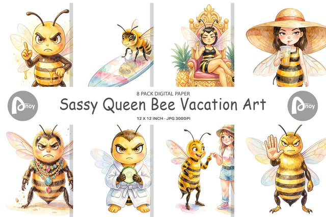 Digital Paper Watercolor Sassy Queen Bee Vacation Art Digital Pattern artnoy 