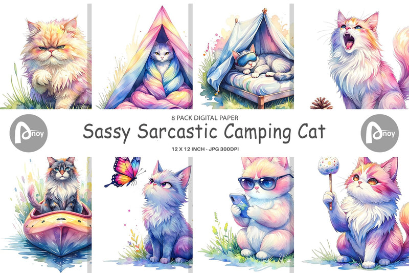 Digital Paper Watercolor Sassy Sarcastic Camping Cat Digital Pattern artnoy 