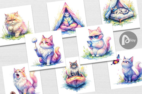 Digital Paper Watercolor Sassy Sarcastic Camping Cat Digital Pattern artnoy 
