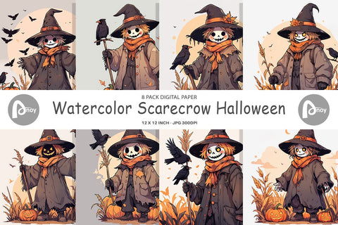 Digital Paper Watercolor Scarecrow Digital Pattern artnoy 