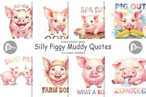 Digital Paper Watercolor Silly Piggy Muddy Quotes Digital Pattern artnoy 