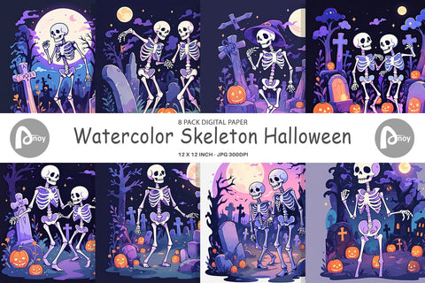 Digital Paper Watercolor Skeleton Digital Pattern artnoy 