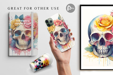 Digital Paper Watercolor Skull Flower Digital Pattern artnoy 