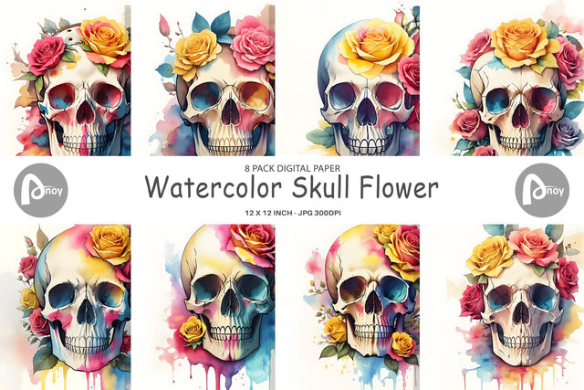 Digital Paper Watercolor Skull Flower Digital Pattern artnoy 