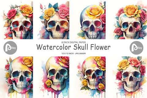 Digital Paper Watercolor Skull Flower Digital Pattern artnoy 