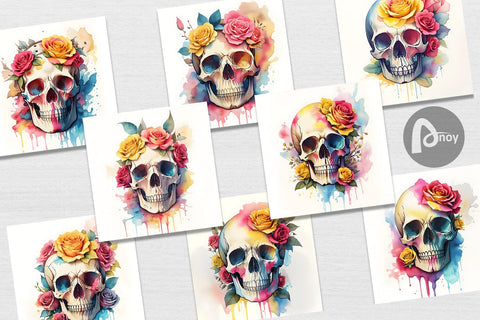 Digital Paper Watercolor Skull Flower Digital Pattern artnoy 