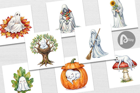 Digital Paper Watercolor Sleepy Autumn Pumpkin Ghost Digital Pattern artnoy 