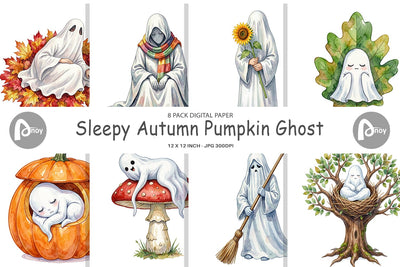 Digital Paper Watercolor Sleepy Autumn Pumpkin Ghost Digital Pattern artnoy 