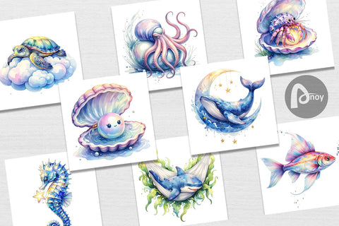 Digital Paper Watercolor Sleepy Baby Ocean Animals Digital Pattern artnoy 