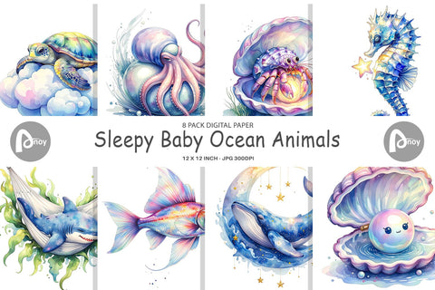 Digital Paper Watercolor Sleepy Baby Ocean Animals Digital Pattern artnoy 