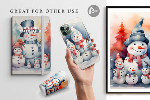 Digital Paper Watercolor Snowman Family Digital Pattern artnoy 