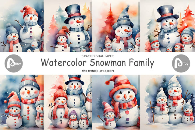 Digital Paper Watercolor Snowman Family Digital Pattern artnoy 