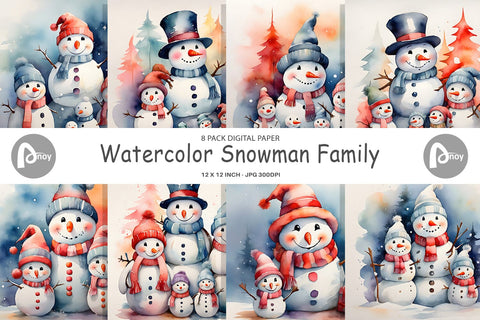 Digital Paper Watercolor Snowman Family Digital Pattern artnoy 