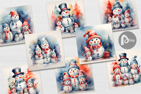 Digital Paper Watercolor Snowman Family Digital Pattern artnoy 
