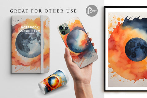 Digital Paper Watercolor Solar Eclipse Digital Pattern artnoy 