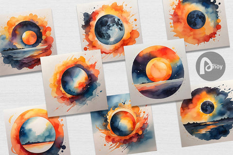 Digital Paper Watercolor Solar Eclipse Digital Pattern artnoy 