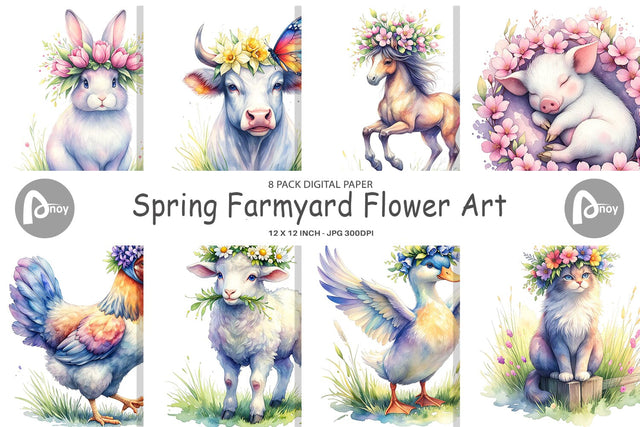 Digital Paper Watercolor Spring Farmyard Flower Art Digital Pattern artnoy 