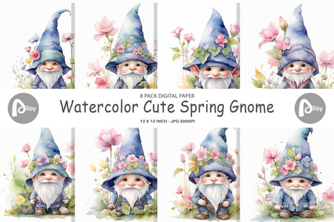Digital Paper Watercolor Spring Gnome Digital Pattern artnoy 