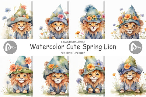 Digital Paper Watercolor Spring Lion Digital Pattern artnoy 