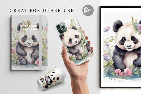 Digital Paper Watercolor Spring Panda Digital Pattern artnoy 