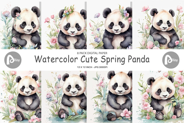Digital Paper Watercolor Spring Panda Digital Pattern artnoy 