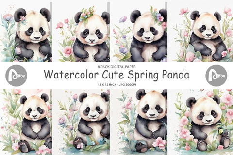 Digital Paper Watercolor Spring Panda Digital Pattern artnoy 