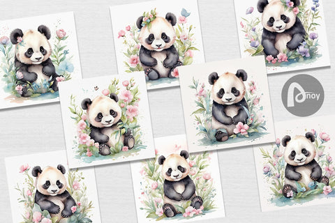 Digital Paper Watercolor Spring Panda Digital Pattern artnoy 