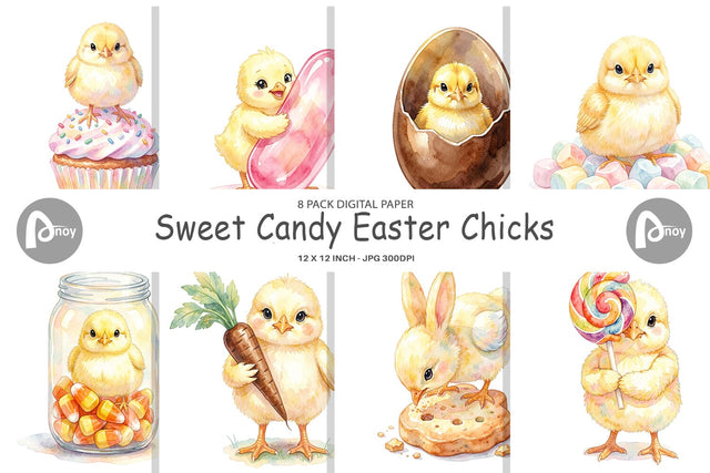 Digital Paper Watercolor Sweet Candy Easter Chicks Digital Pattern artnoy 