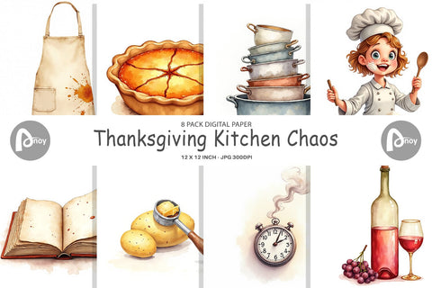 Digital Paper Watercolor Thanksgiving Kitchen Chaos Digital Pattern artnoy 